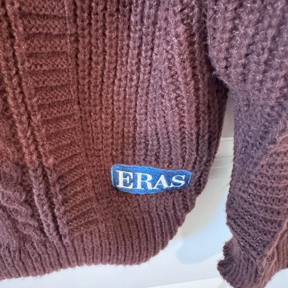 Taylor Swift Eras Tour Brown Cable Knit Cardigan with Floral Sleeve Embroidery - Picture 3 of 5